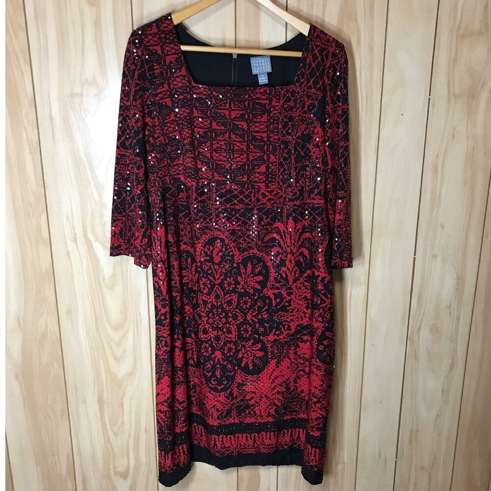 Rabbit Designs Red Sequin Square Neck 3/4 Sleeve Short Shift Women Midi Dress 12